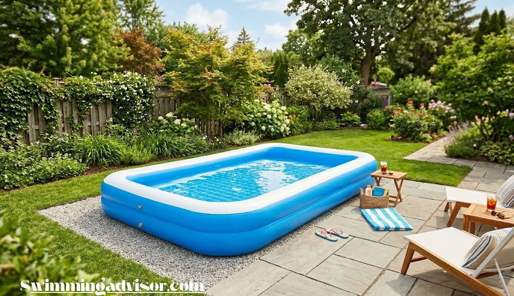 Backyard inflatable pool on a freshly leveled grass surface