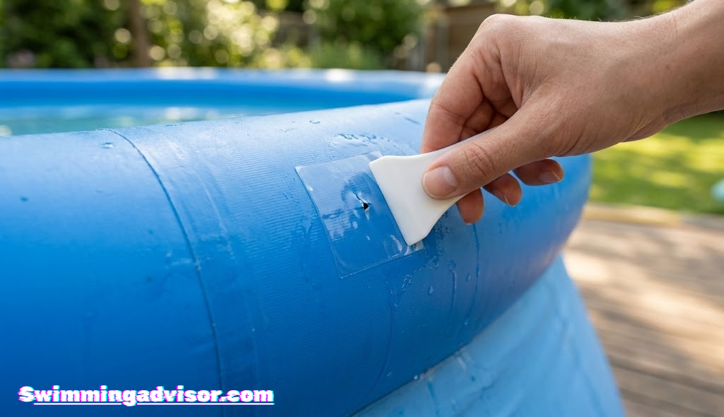 Close-up of a vinyl patch being applied to an inflatable pool wall