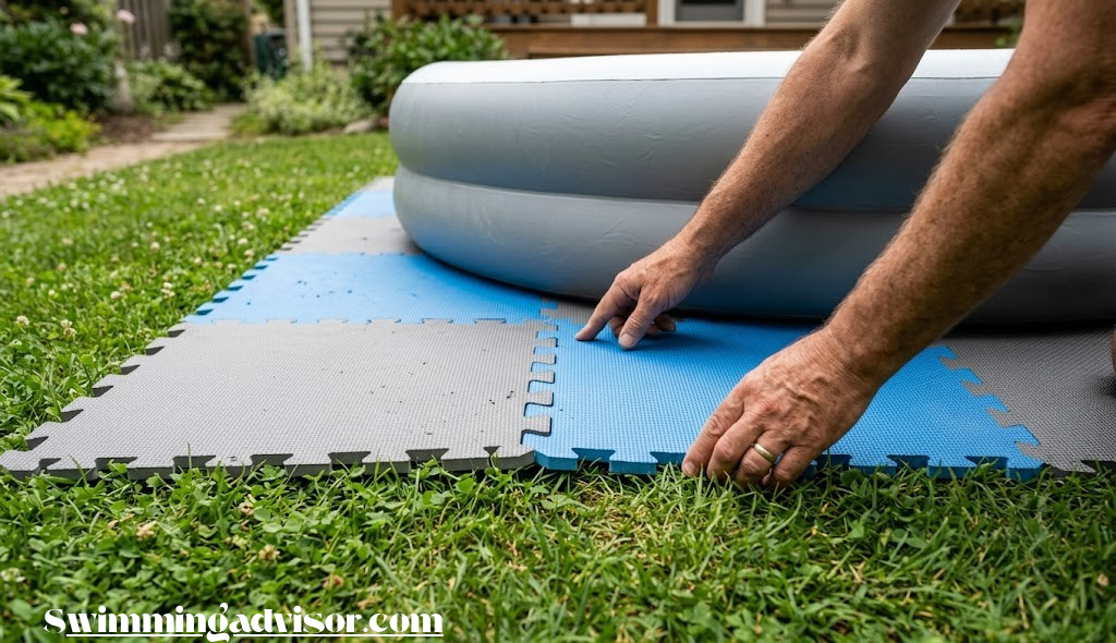 Close-up of interlocking foam tiles being laid under an inflatable pool on a backyard lawn