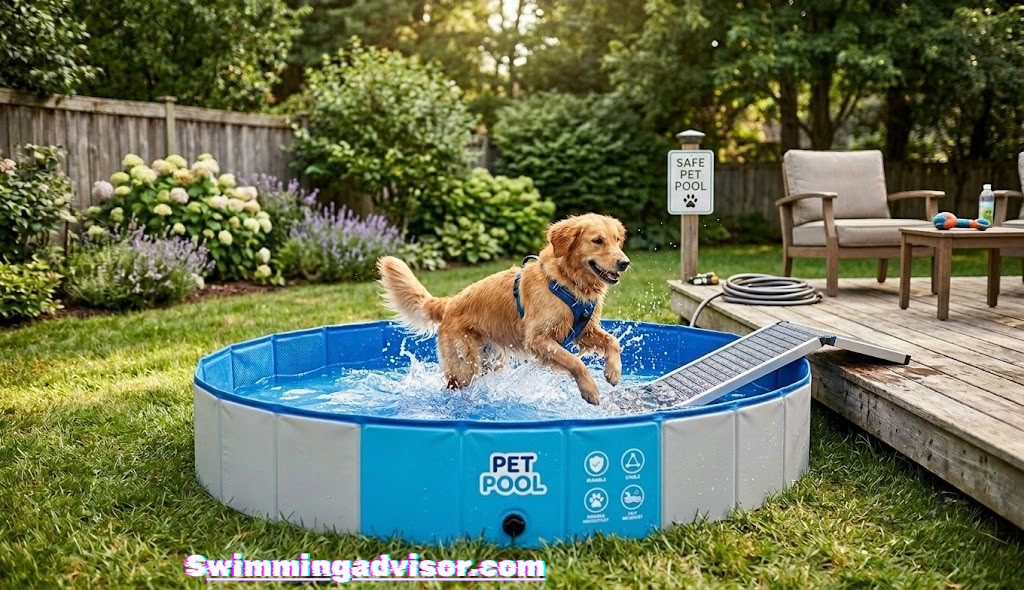 Dog playing safely in a purpose-built foldable pet pool in a backyard