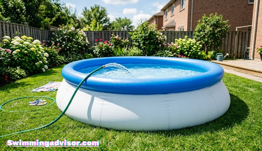 Garden hose filling a large round inflatable family pool on a green lawn