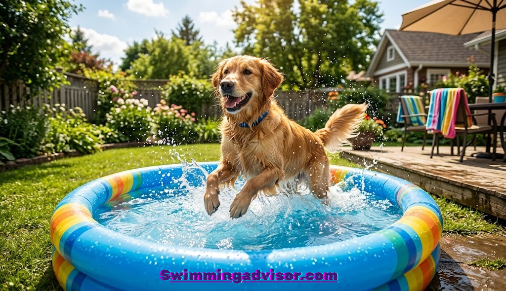 Happy dog splashing in an inflatable pool in a sunny backyard