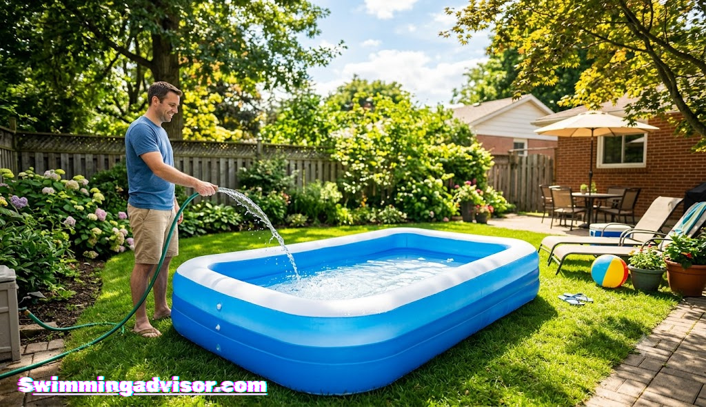 Inflatable swimming pool being filled with water in a sunny backyard