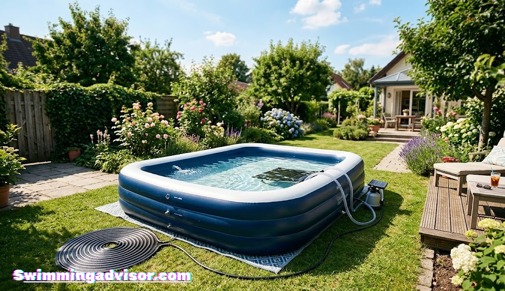 Inflatable swimming pool being heated naturally in a sunny backyard