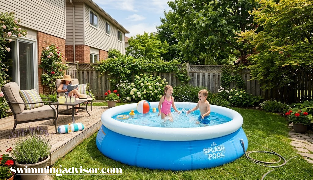 Inflatable swimming pool in backyard setting