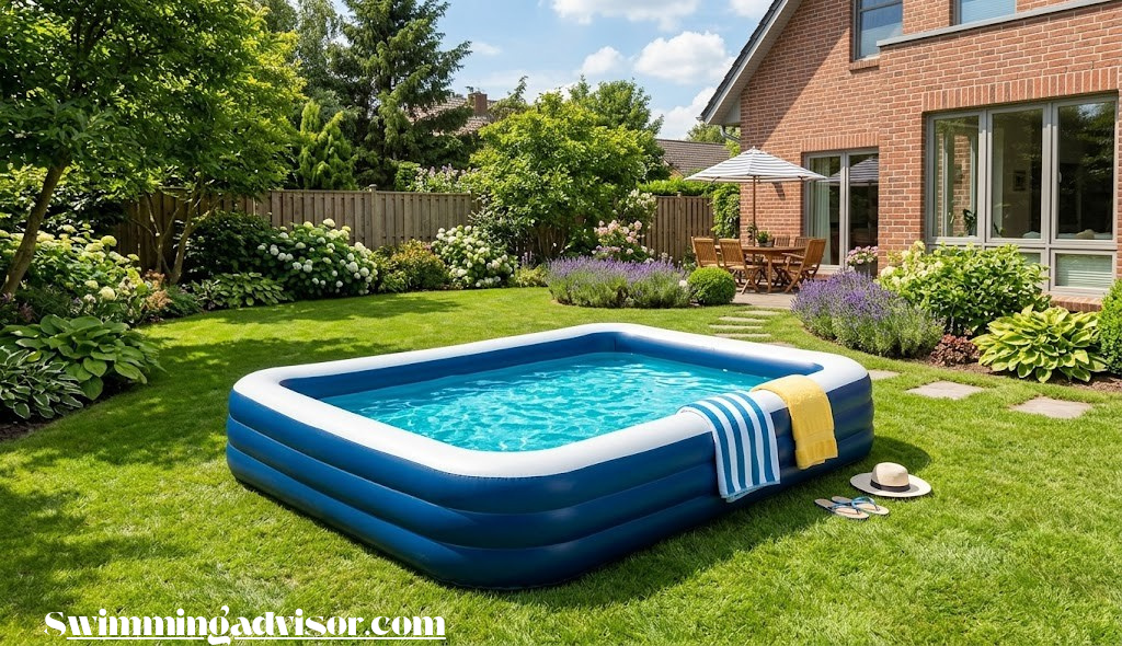 Inflatable swimming pool on a backyard lawn with clear blue water and no visible pump or filter equipment