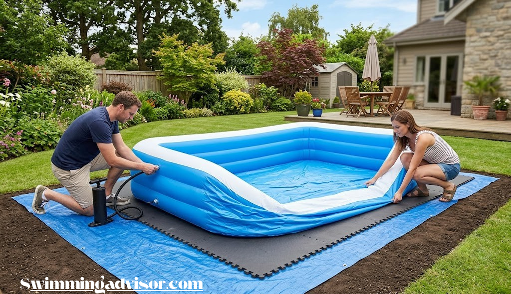 Inflatable swimming pool set up on a prepared ground surface with protective base layer