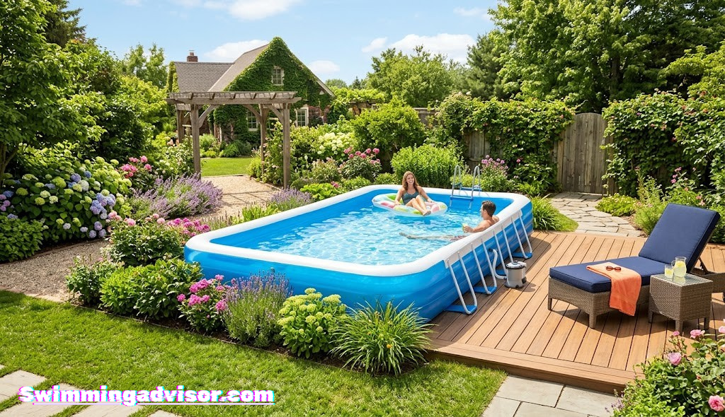 Inflatable swimming pool with clear blue water in a backyard garden