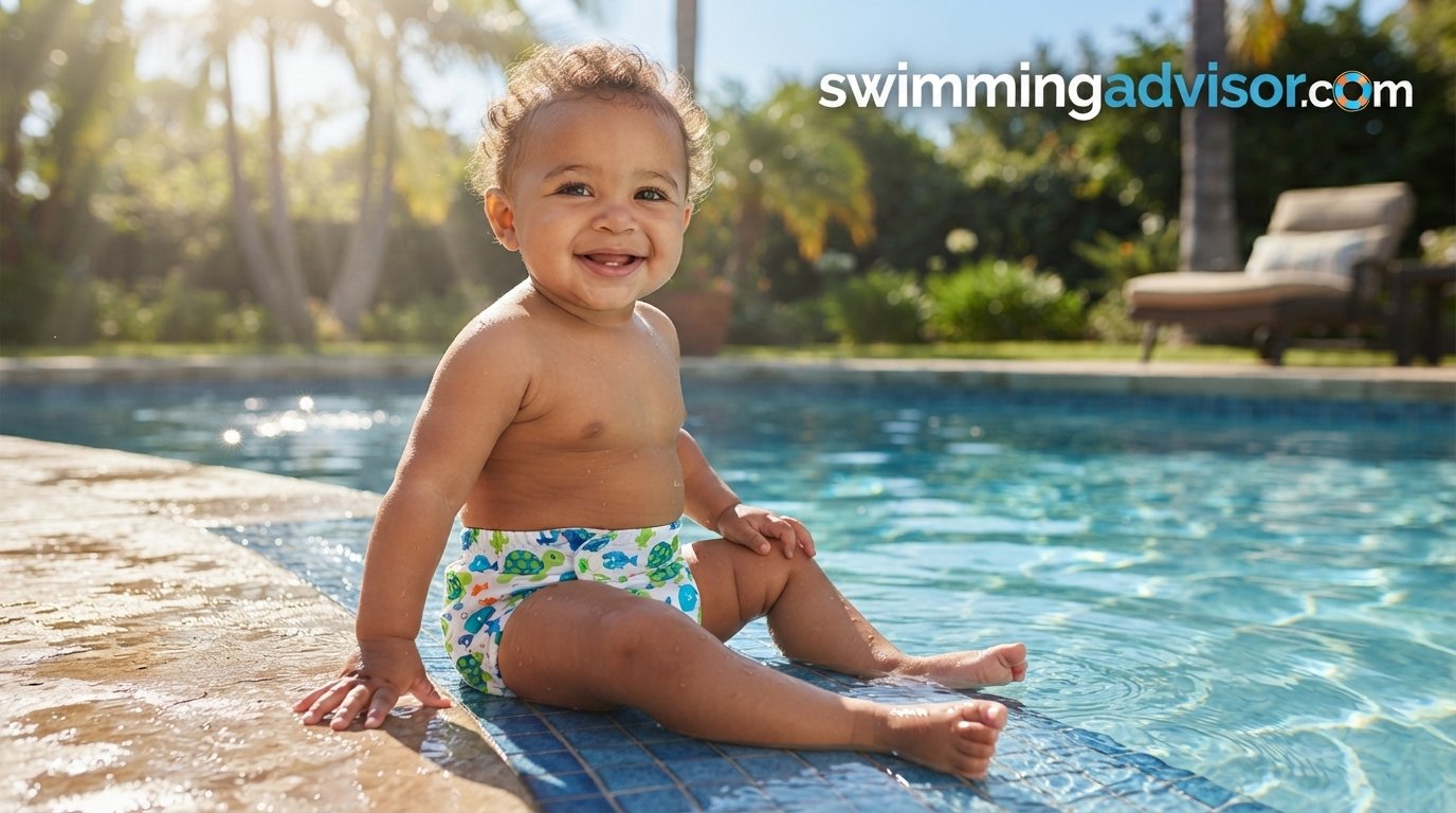 Baby wearing a reusable swim diaper at the edge of a pool