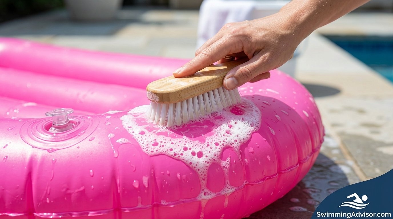 Close-up of a hand scrubbing a pink inflatable pool float with a soft brush and soapy water