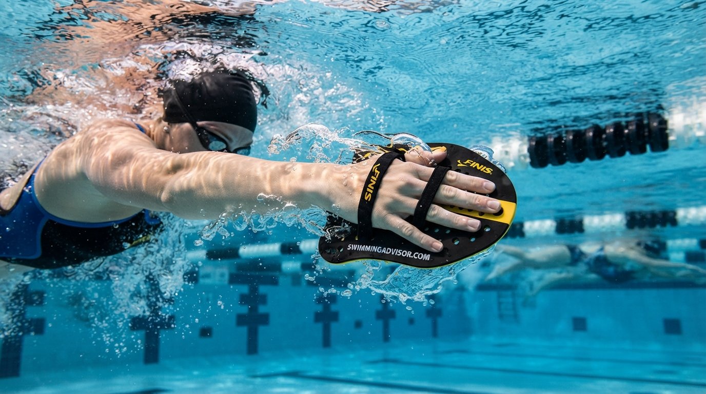Close up of a swimmer's hand wearing a paddle underwater