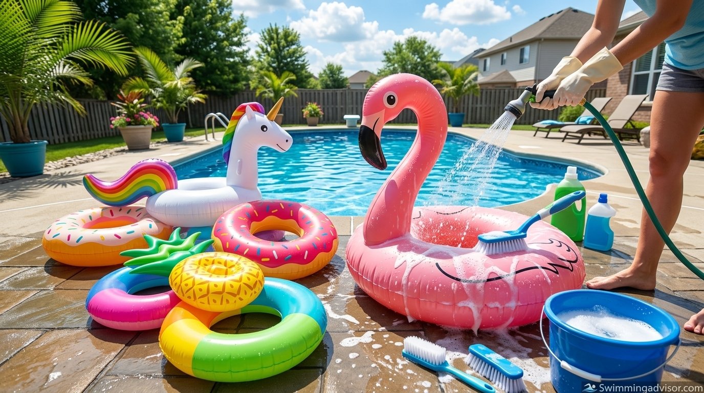 Colorful inflatable pool floats being cleaned beside a sunny backyard pool
