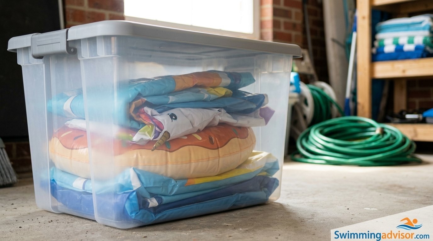 Deflated pool floats folded and placed inside a storage bin