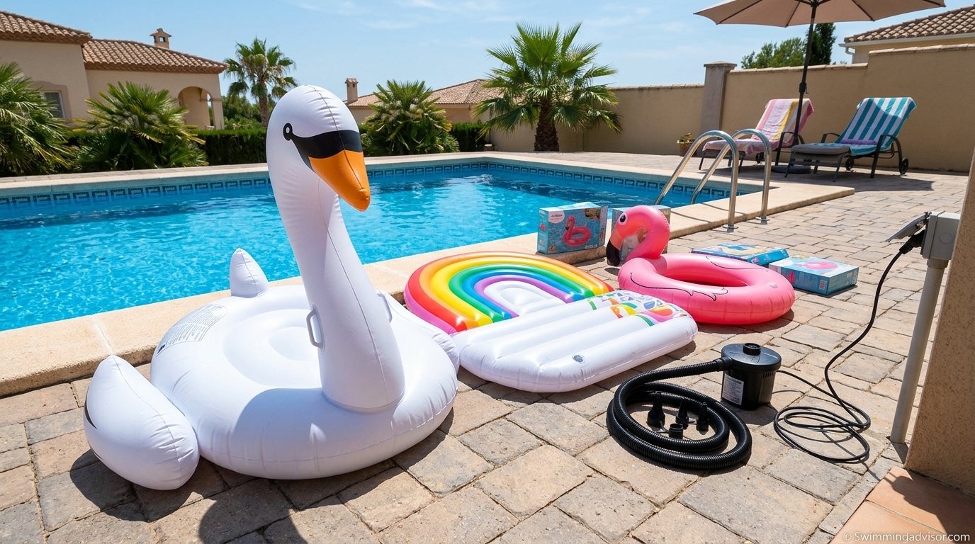 Inflatable pool floats lying beside a swimming pool ready to be inflated