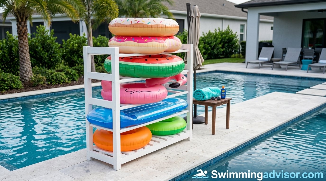 Pool floats stacked and stored neatly beside a backyard swimming pool