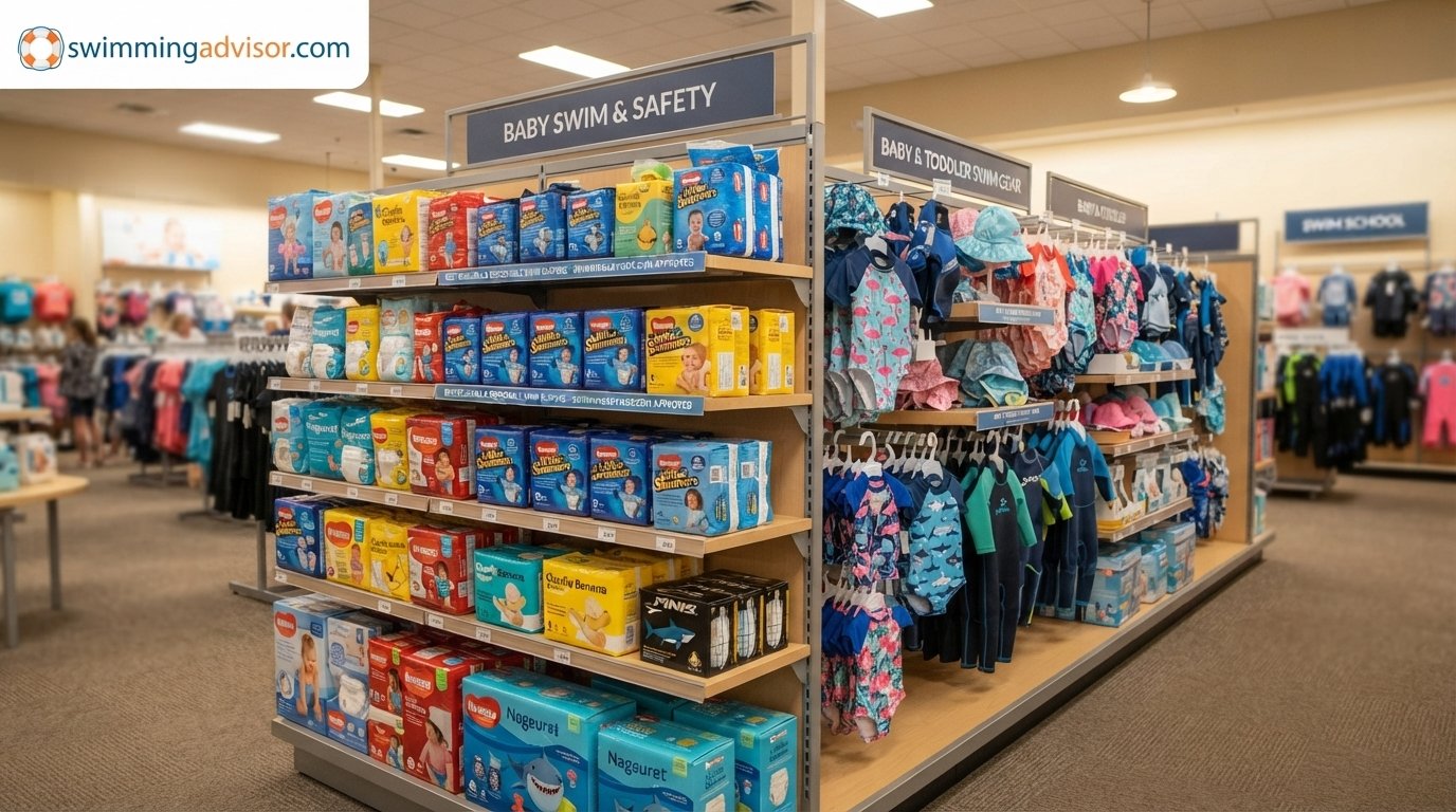 Shelf of swim diapers and baby swimwear in a retail store