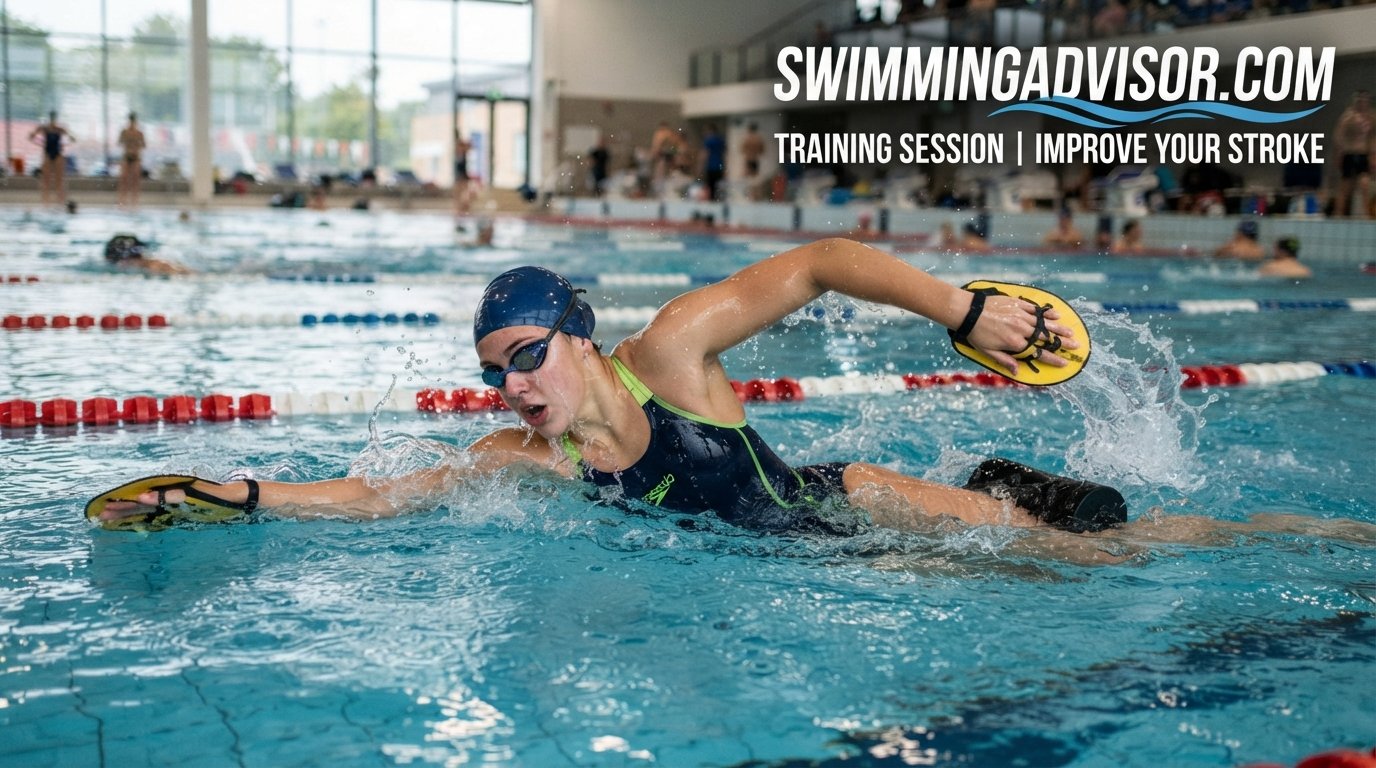 Swimmer using swim paddles during a training session in a pool