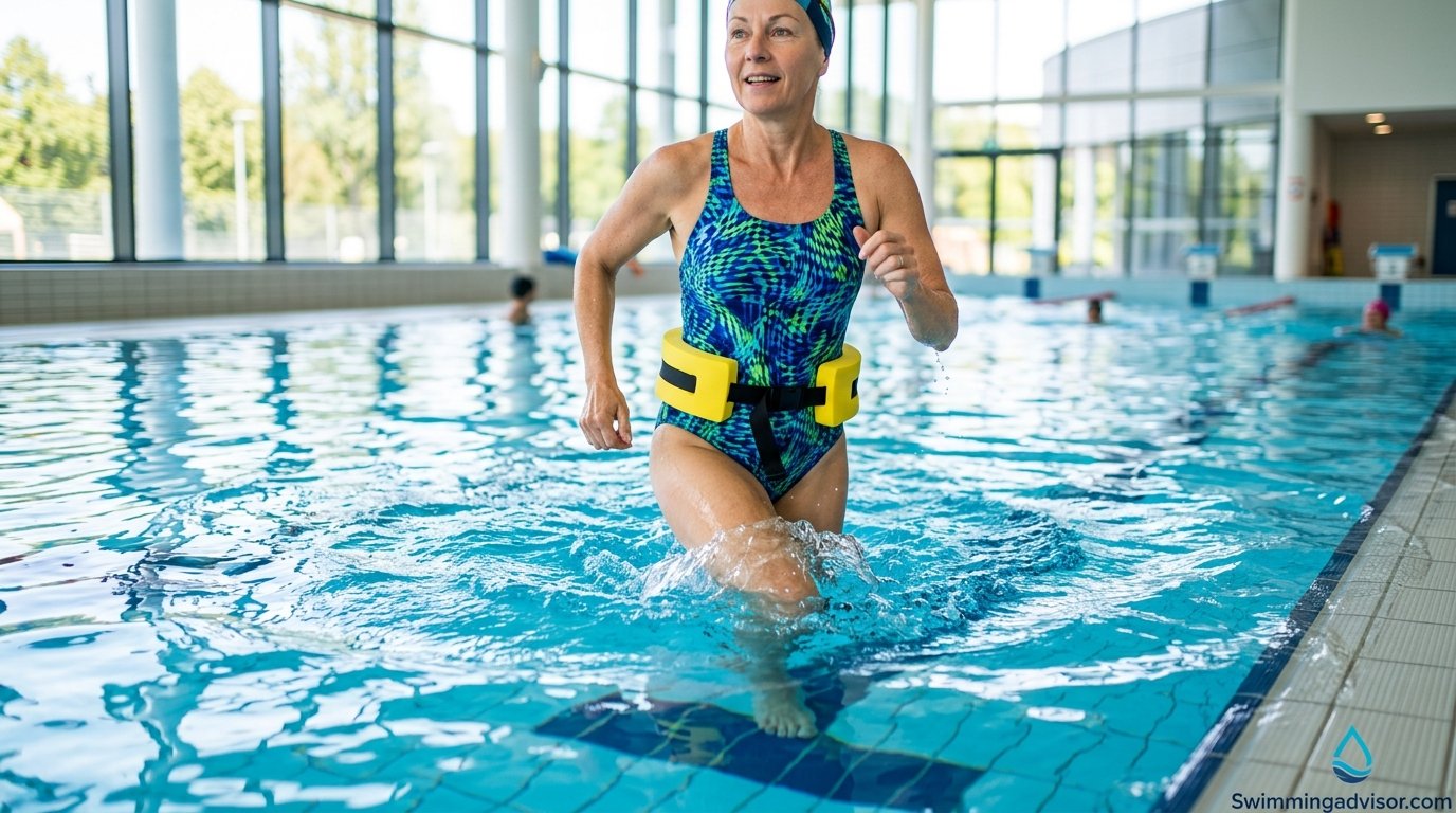 Crystal clear swimming pool water on a sunny day, perfect for aquatic exercise with a swim belt