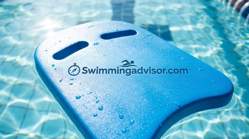 Close up of a foam swimming kickboard floating on the surface of pool water