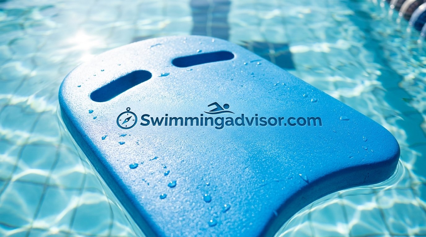 Close up of a foam swimming kickboard floating on the surface of pool water