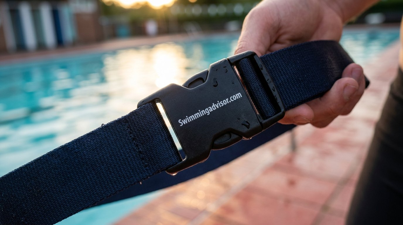 Close up of a swim belt buckle and waist strap
