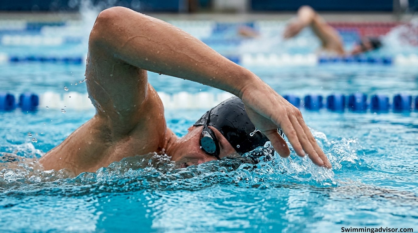 Close-up of a swimmer's arm entering the water mid-stroke