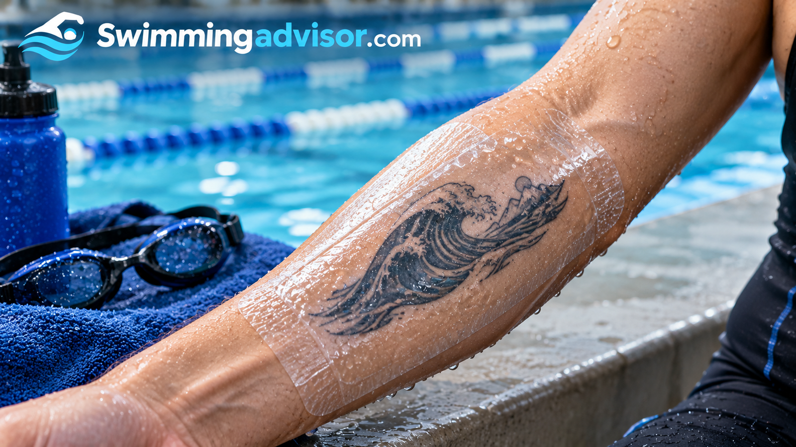 Close-up of a waterproof transparent dressing sealed over a forearm tattoo