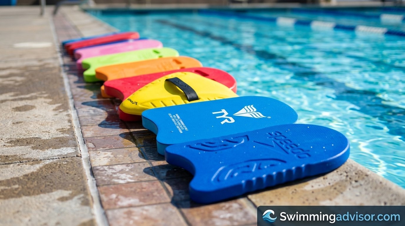 Collection of colorful swimming kickboards lined up at a pool edge