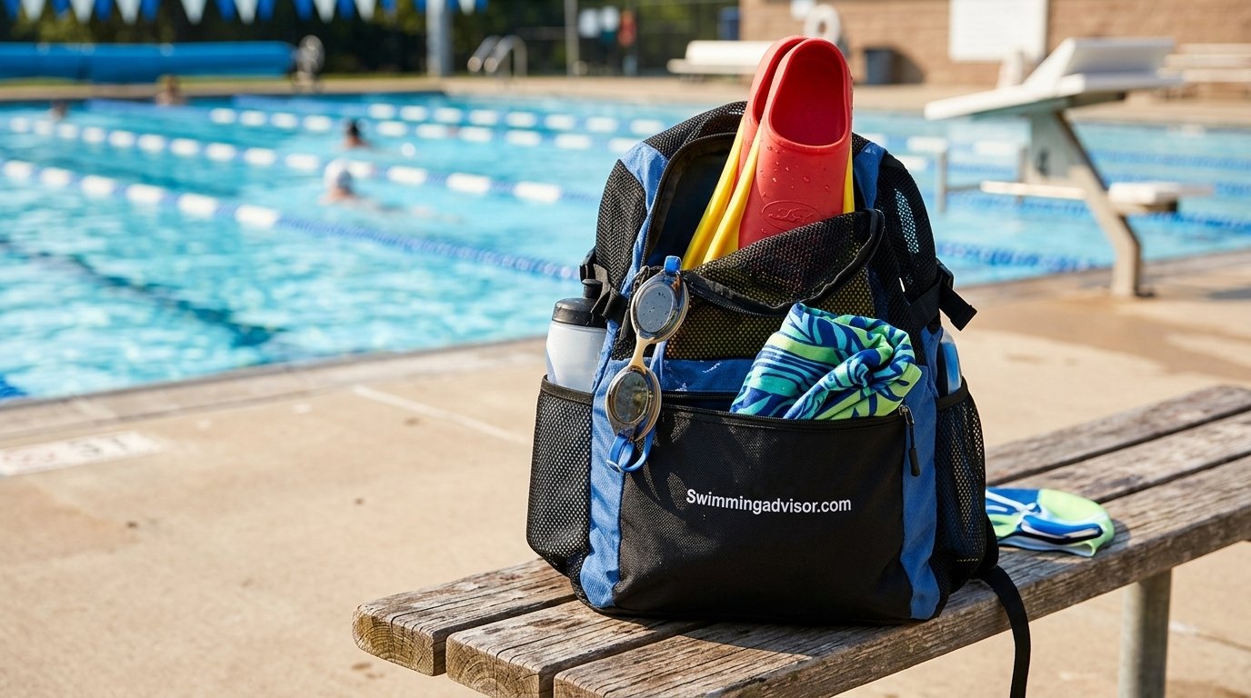 Mesh swim backpack packed with goggles, fins, and a towel