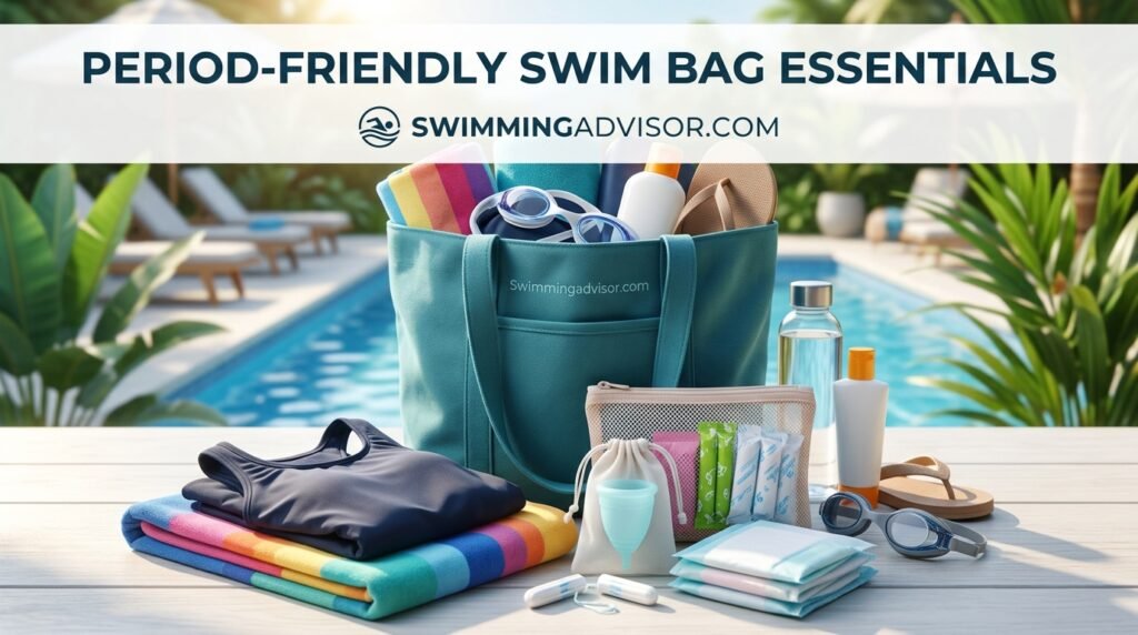 Swim bag packed with period-friendly essentials, including a spare swimsuit, towel and menstrual products