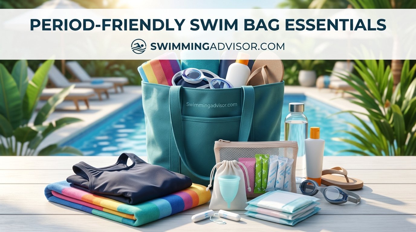Swim bag packed with period-friendly essentials, including a spare swimsuit, towel and menstrual products