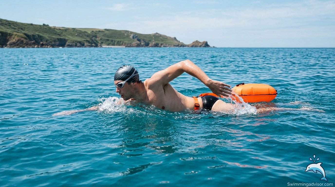 Swimmer wearing a swim belt in open water
