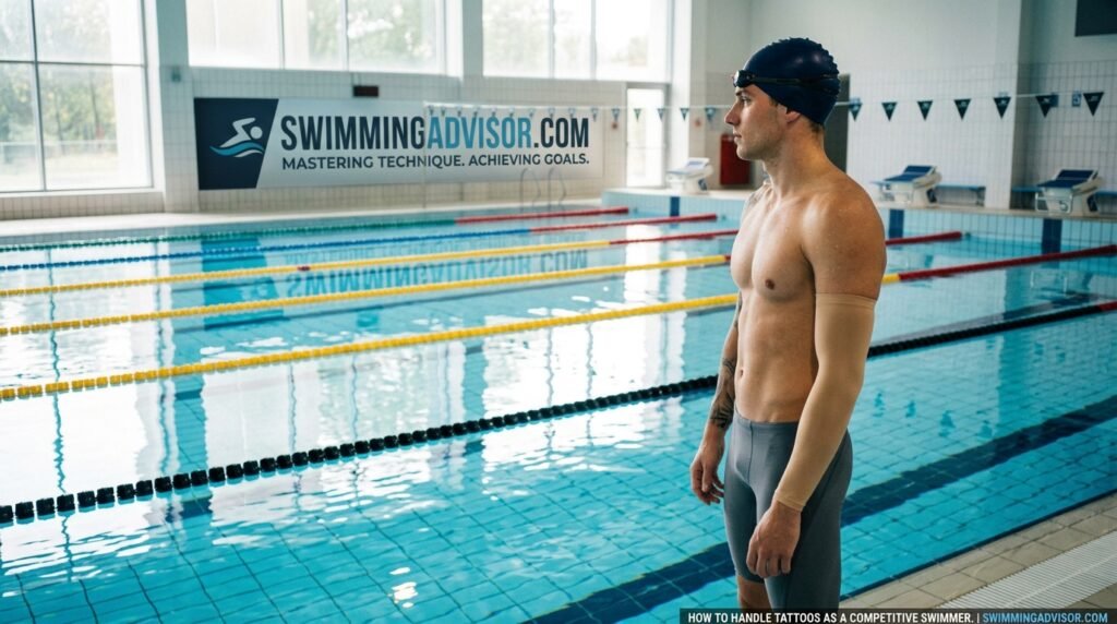 Swimmer with a covered forearm tattoo standing at the edge of a clear blue pool