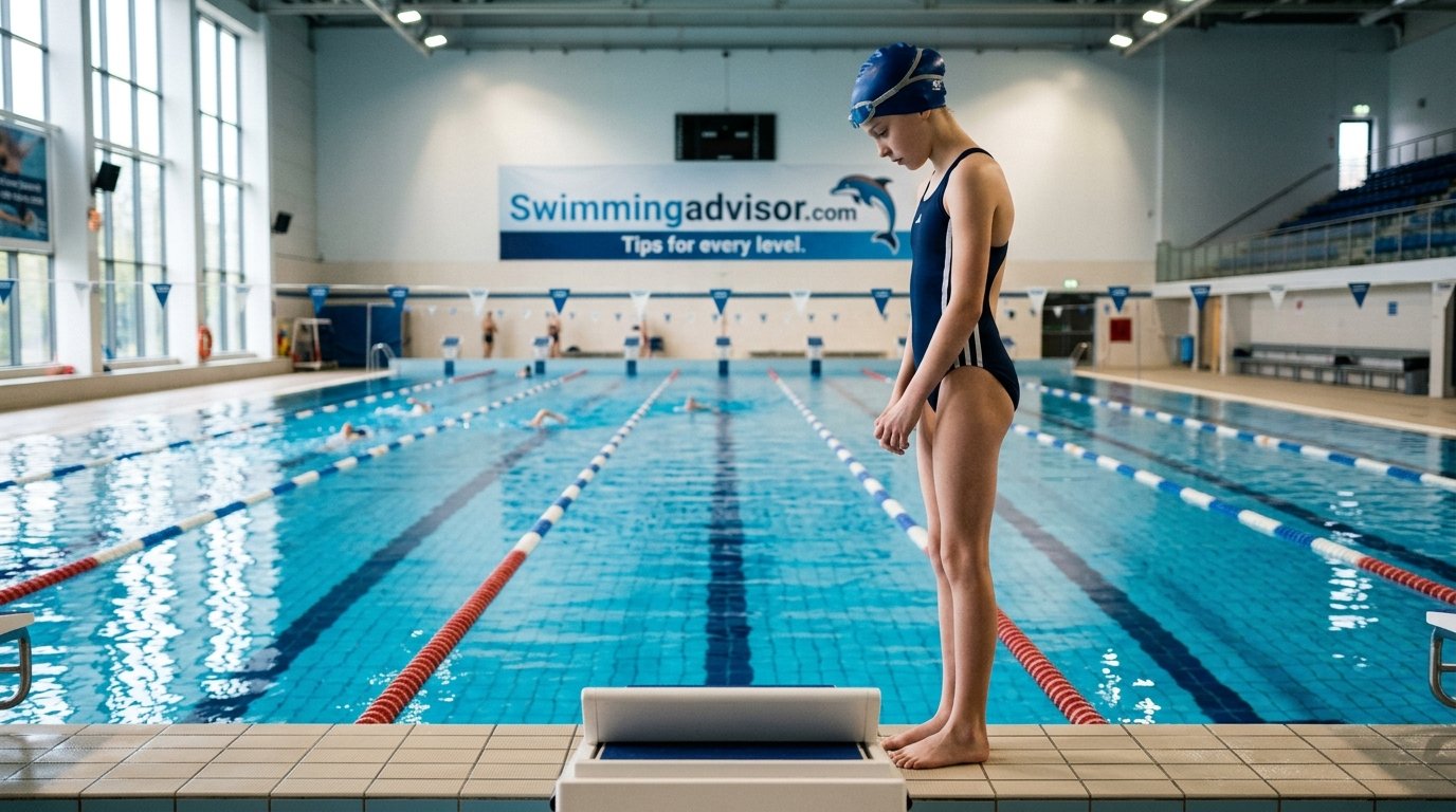 Young swimmer standing tall at the edge of a pool, looking at the water